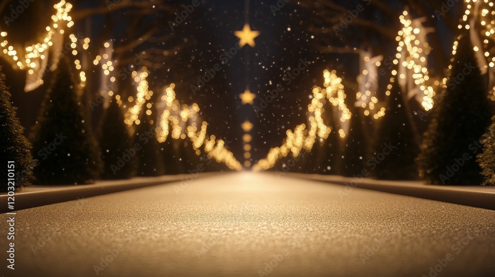 A beautifully lit pathway adorned with Christmas lights and trees, leading towards a starry night sky. A beautifully lit pathway adorned with Christmas lights and trees, leading towards a starry night sky.