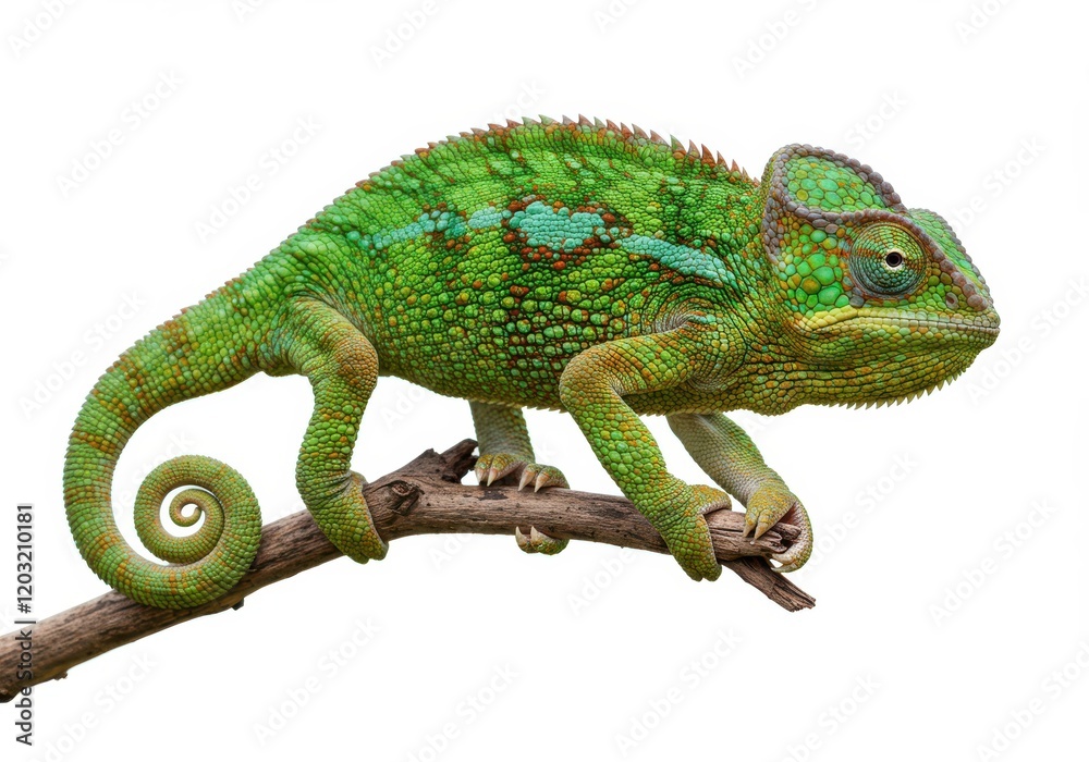 Obraz premium A colorful chameleon with green, orange, and blue patterns perched on a small branch, isolated on a white background
