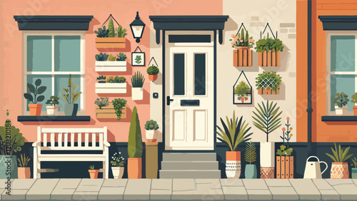 A compact and stylish front garden for an urban home, featuring vertical planters on the wall, potted plants in various sizes, a small seating area with a bench