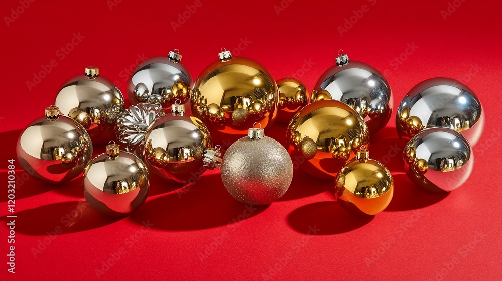 Shiny gold and silver Christmas baubles on red background. Shiny gold and silver Christmas baubles on red background.