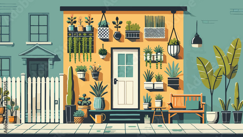 A compact and stylish front garden for an urban home, featuring vertical planters on the wall, potted plants in various sizes, a small seating area with a bench