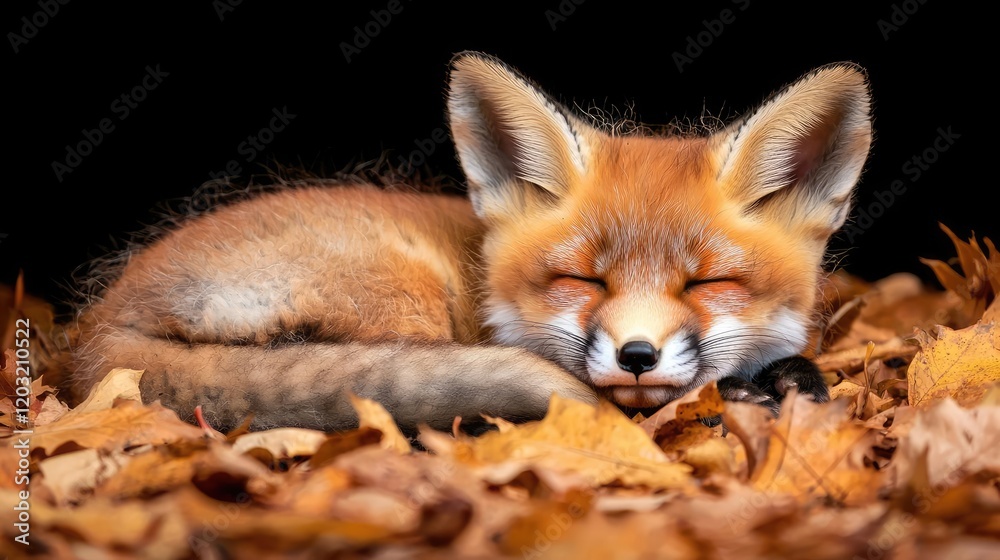 Fototapeta premium Sleeping fox kit amidst autumn leaves, nature background; wildlife photography