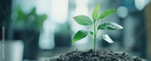 Young plant seedling sprouting from dark soil in a bright room. photo