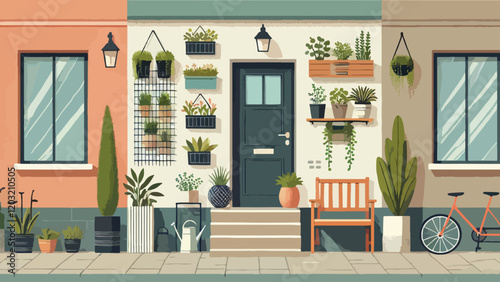 A compact and stylish front garden for an urban home, featuring vertical planters on the wall, potted plants in various sizes, a small seating area with a bench