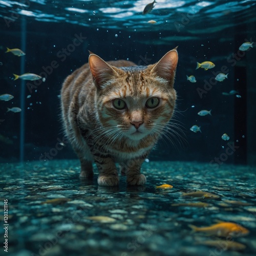 cat in the sea
underwater photography of a cat
A cat lounging in a fantastical underwater-themed room. Curious Cat Watching Fish in Aquarium,orange cat standing and looking gold fish in the tank
