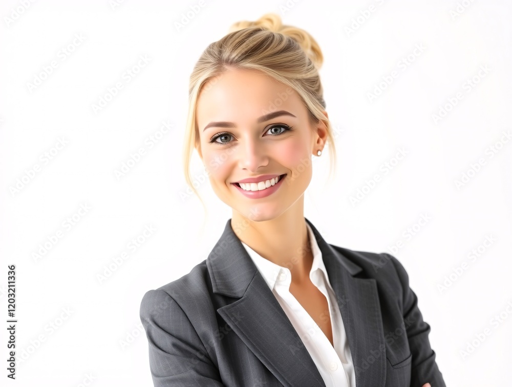 Professional headshot of a smiling woman in a formal suit on a white background Professional headshot of a smiling woman in a formal suit on a white background