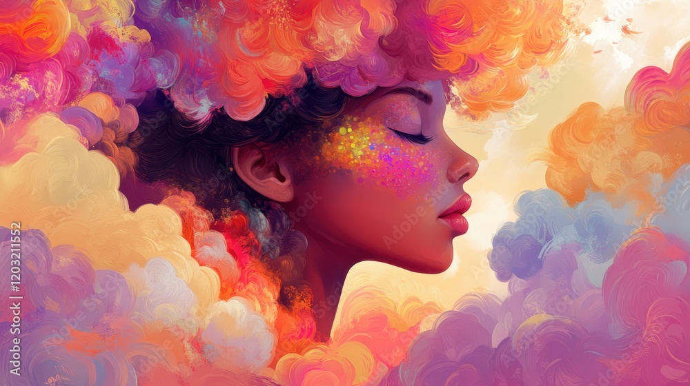 A serene profile of a woman surrounded by vibrant, colorful clouds, evoking a dreamlike atmosphere A serene profile of a woman surrounded by vibrant, colorful clouds, evoking a dreamlike atmosphere