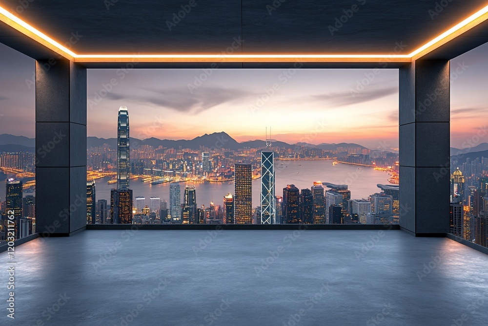 Modern empty room with panoramic city view at sunrise. Modern empty room with panoramic city view at sunrise.