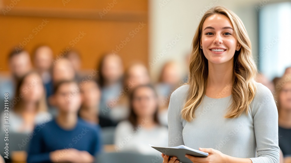 A speaker in academic Smiling woman in a seminar setting