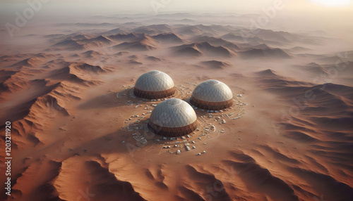 Colonization of developed modern technological glass iron domes full of trees on the orange desert of Mars	 photo