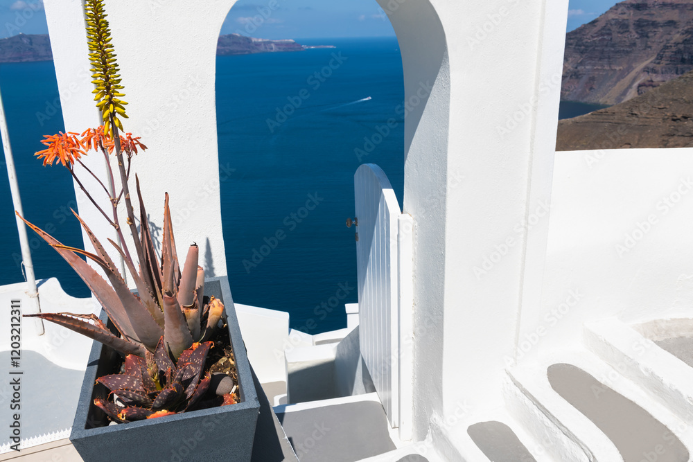 White architecture in Santorini island, Greece. Beautiful sea view at sunny day.