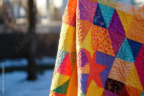 Colorful Starburst Quilt Hanging in Sunlight photo