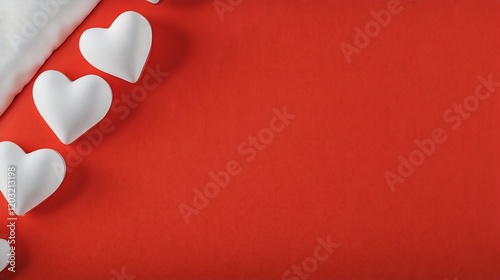 Red background gently displays softly arranged white hearts. AI Generated