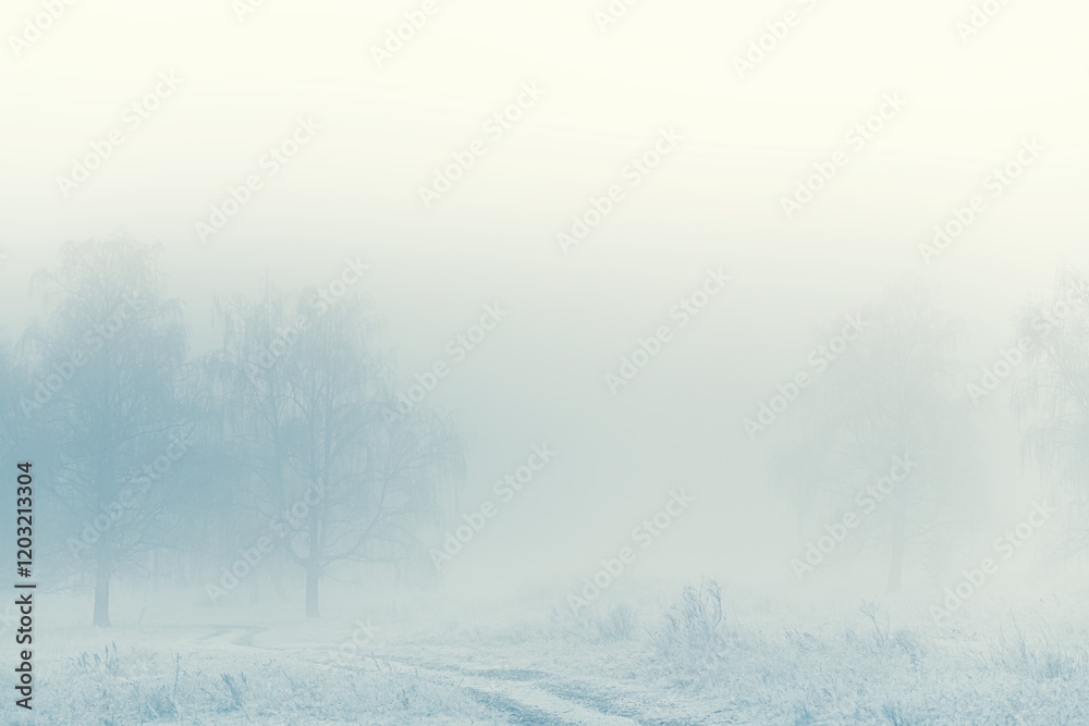 Frost-covered trees and grass in winter forest at foggy sunrise.