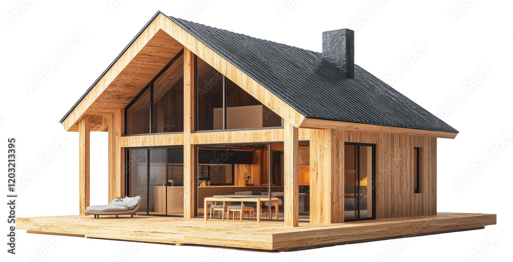 Modern wooden house design with large windows and open porch on a white background Modern wooden house design with large windows and open porch on a white background