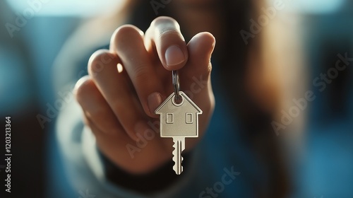 A hand holds a house-shaped key, symbolizing new home ownership and first-time homebuyer excitement.