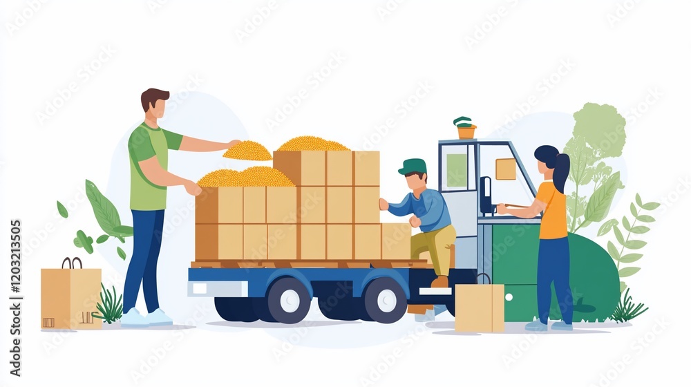 Workers loading boxes and grains onto a delivery truck. Workers loading boxes and grains onto a delivery truck.