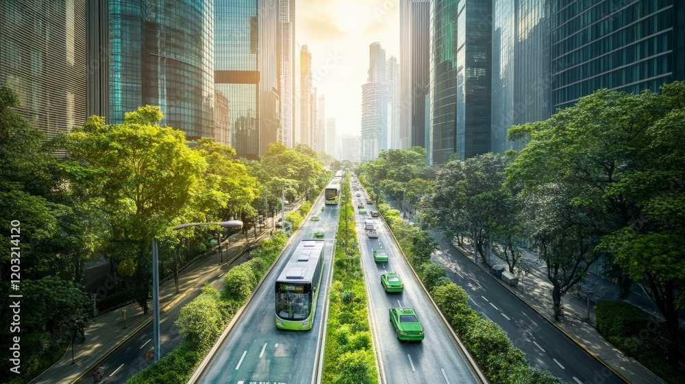 Fototapeta premium A smart city view with green trees, modern buildings, and eco-friendly vehicles on the streets, representing a clean and sustainable urban environment