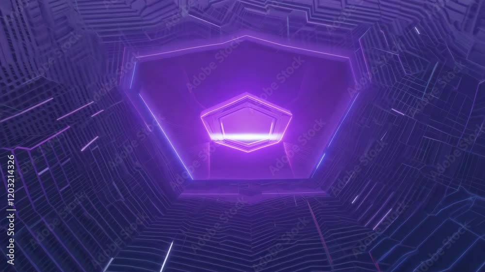 A futuristic purple neon-lit tunnel with intricate geometric patterns and glowing light in the center, creating a sci-fi and immersive atmosphere. 4k Video footage. A futuristic purple neon-lit tunnel with intricate geometric patterns and glowing light in the center, creating a sci-fi and immersive atmosphere. 4k Video footage.