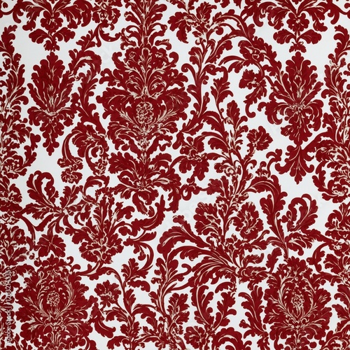 Red vintage flock wallpaper featuring an intricate damask design on a white background. The retro style combines rich, bold red tones with elegant patterns, creating a classic and sophisticated look.