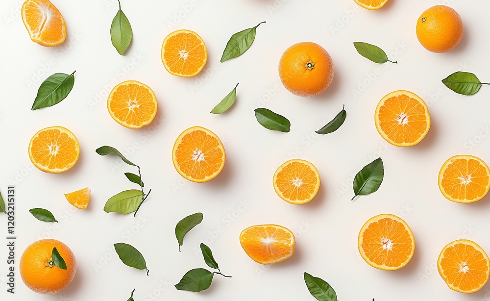 Flat lay of oranges and leaves on white. Flat lay of oranges and leaves on white.