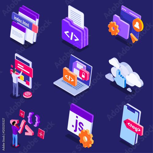Programming Isometric Icons. Software development process isometric infographics icons vector - platform, laptop, computer, cyber security