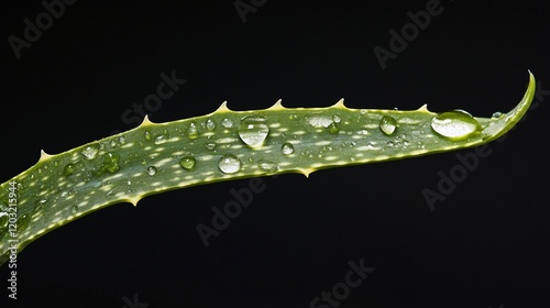 Close-up of an aloe vera leaf with water droplets on a black background.