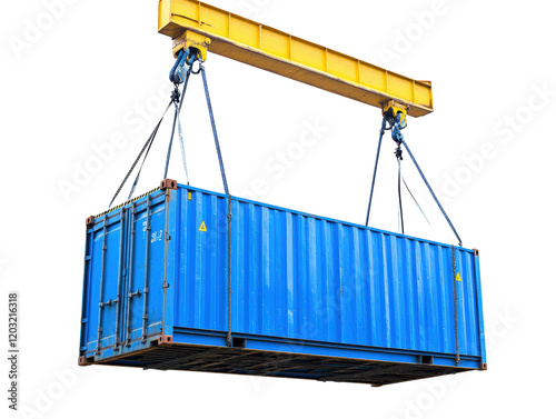 Isolated Blue Shipping Container Hanging from Crane