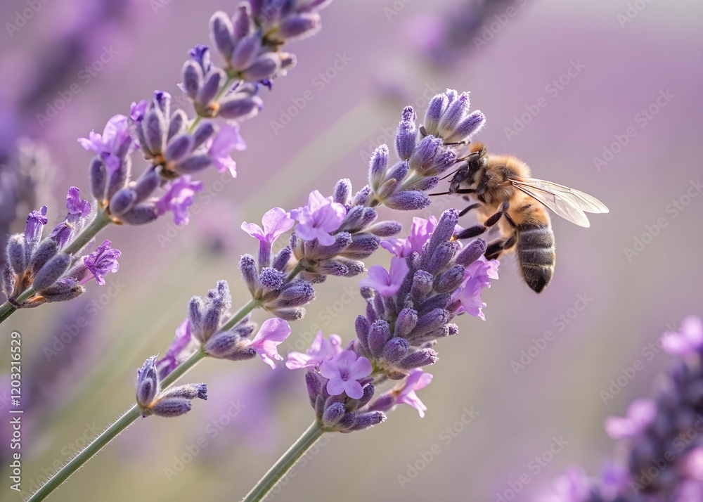 A beautiful close-up of a bee pollinating a purple lavender flower. The soft pastel background enhances the serene and vibrant atmosphere of nature's beauty. A beautiful close-up of a bee pollinating a purple lavender flower. The soft pastel background enhances the serene and vibrant atmosphere of nature's beauty.
