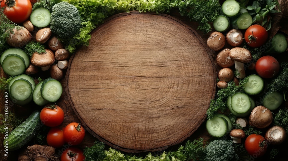Wooden board with an empty center, bordered by fresh vegetables like mushrooms, cucumbers, and tomatoes, natural lighting Wooden board with an empty center, bordered by fresh vegetables like mushrooms, cucumbers, and tomatoes, natural lighting