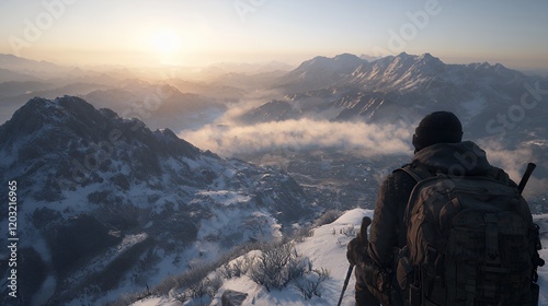 A lone hiker contemplates a breathtaking sunrise over a snow-capped mountain range, a serene winter landscape bathed in the golden light of dawn.