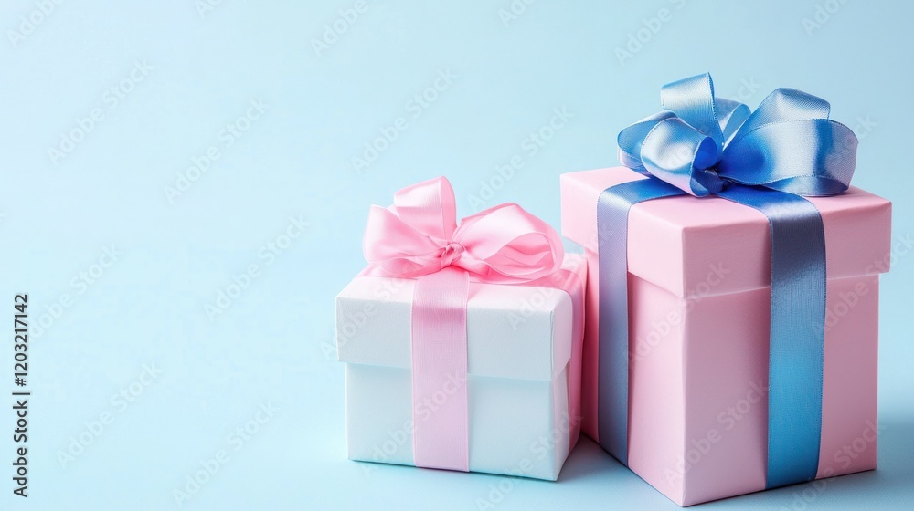 Obraz premium Pink & white gift boxes with ribbons on blue backdrop