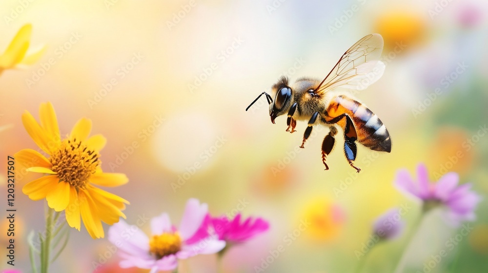 Honeybee in flight over colorful wildflowers in a sunny meadow. Honeybee in flight over colorful wildflowers in a sunny meadow.