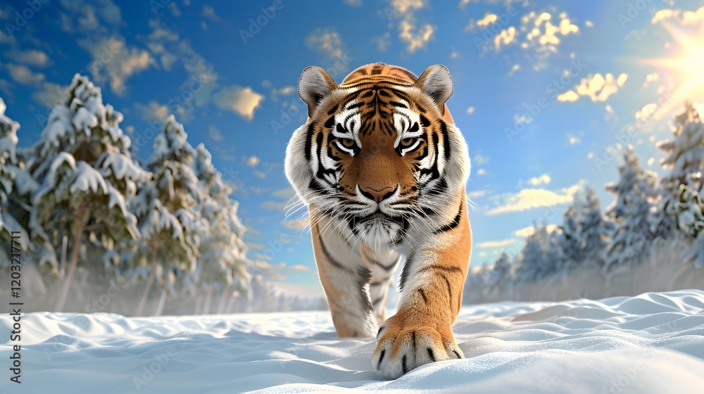 Obraz premium A powerful Siberian tiger, showcasing its striking orange and black stripes, confidently strolls across a pristine snow-covered landscape.