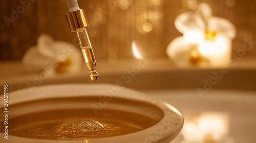 Wallpaper Mural Golden oil drop falling into a bowl of water with orchids and candles in the background. Torontodigital.ca