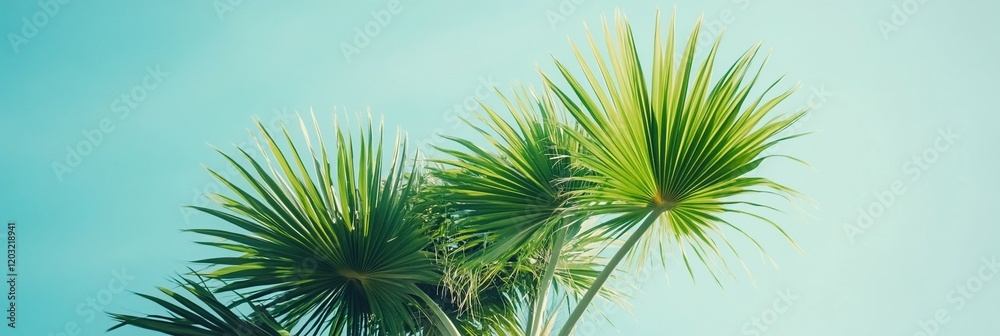 Lush green palm fronds against a vibrant blue sky.