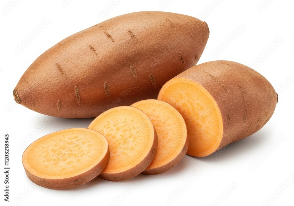 Whole sweet potatoes and three round slices showing the vibrant orange interior isolated on white background Whole sweet potatoes and three round slices showing the vibrant orange interior isolated on white background