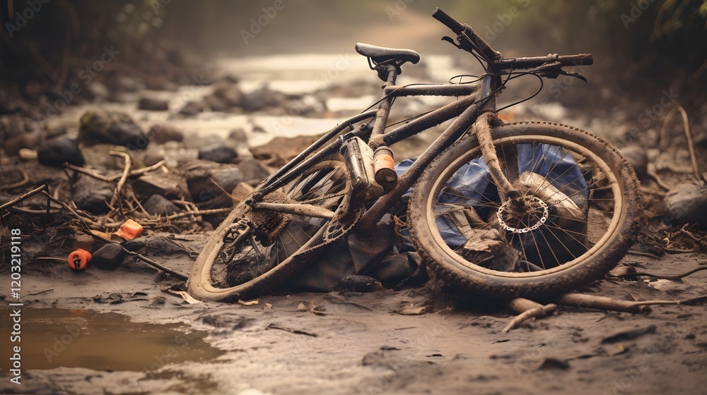 Fototapeta premium Abandoned and broken down bicycle lying in the mud next to an overgrown dirt trail in a rural natural environment