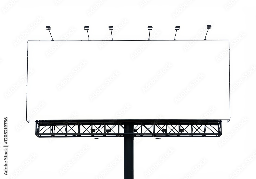 Obraz premium A large empty billboard mounted on a metal frame with lighting fixtures on top isolated on white background