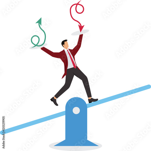 Loss and gain on investment earning profit or lose money from stock or crypto trade financial green and red arrow chart concept businessman investor balance on seesaw holding loss and gain arrow