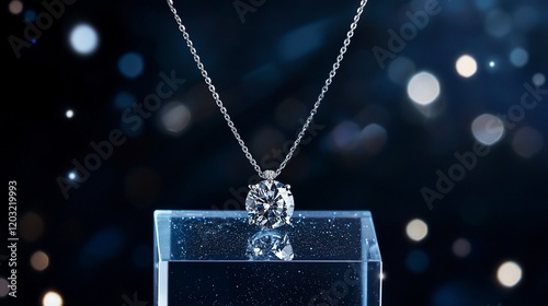 Sparkling diamond solitaire pendant necklace on a clear glass cube against a dark background with bokeh lights.