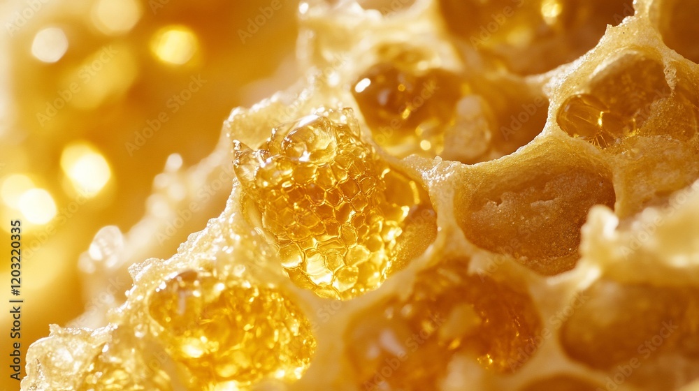 Close-up of honeycomb filled with golden honey.