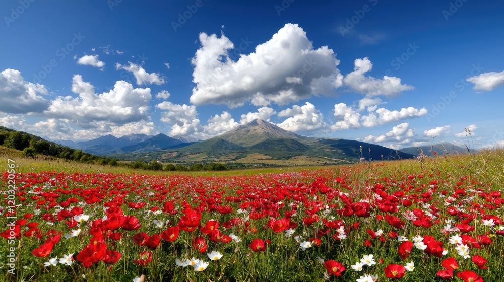 Mountainous landscape with red poppies under a vibrant sky Mountainous landscape with red poppies under a vibrant sky
