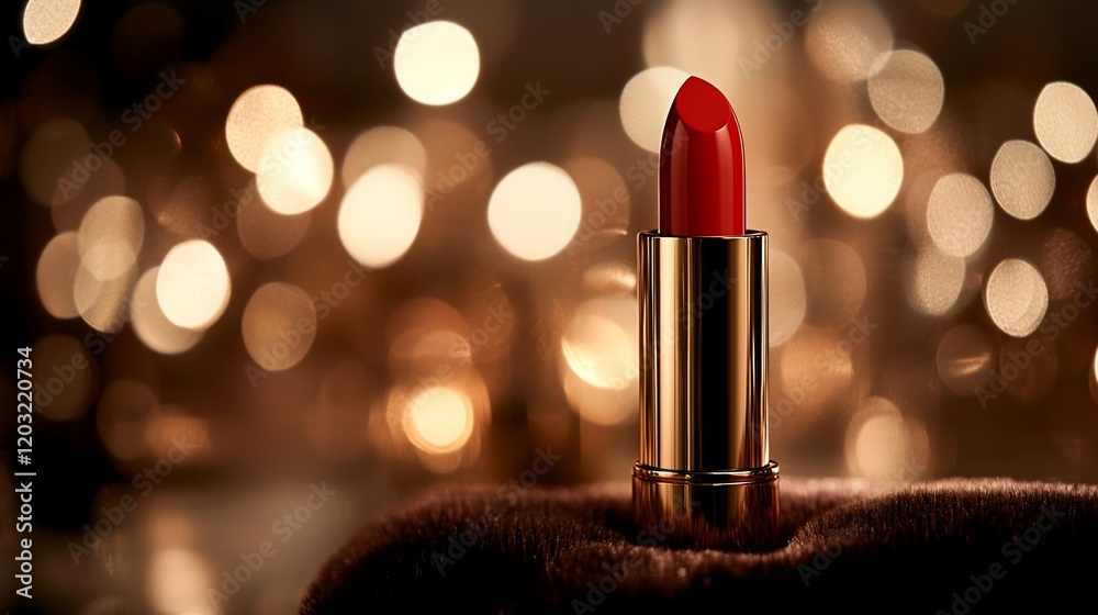 Red lipstick on brown fabric with bokeh lights. Red lipstick on brown fabric with bokeh lights.