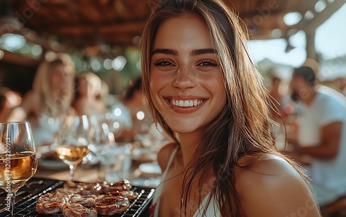 Happy woman at outdoor barbecue party.