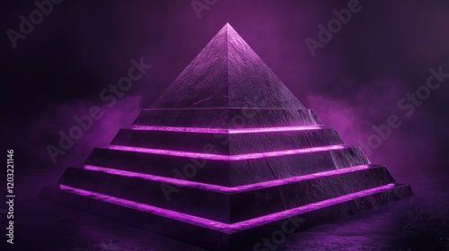 Fototapeta Naklejka Na Ścianę i Meble -  Illuminated Pyramid with Neon Lights in a Misty Purple Atmosphere