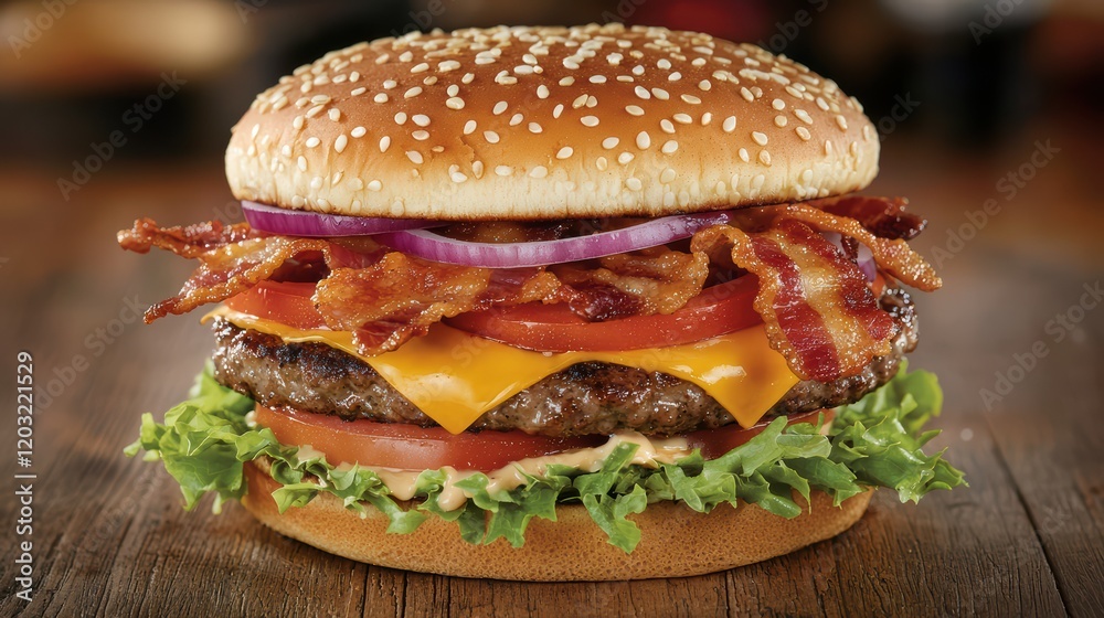 A delicious, stacked burger featuring bacon, cheddar cheese, fresh lettuce, tomatoes, and onions on a sesame seed bun, Metabolic Syndrome, Junk foods. A delicious, stacked burger featuring bacon, cheddar cheese, fresh lettuce, tomatoes, and onions on a sesame seed bun, Metabolic Syndrome, Junk foods.