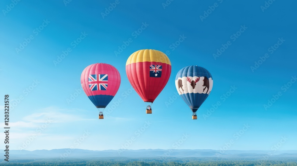 Fototapeta premium Three colorful hot air balloons float against a clear blue sky, showcasing vibrant designs and creating a striking visual contrast.