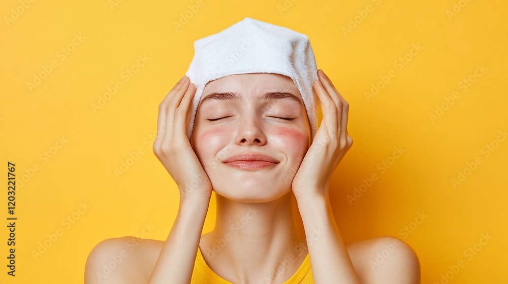 Woman with red cheeks, eyes closed, holding a white towel on her head against a yellow background. Woman with red cheeks, eyes closed, holding a white towel on her head against a yellow background.