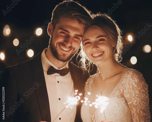 Celebrants laughing and holding sparklers under the milky way outdoor wedding nighttime celebration joyful atmosphere photo